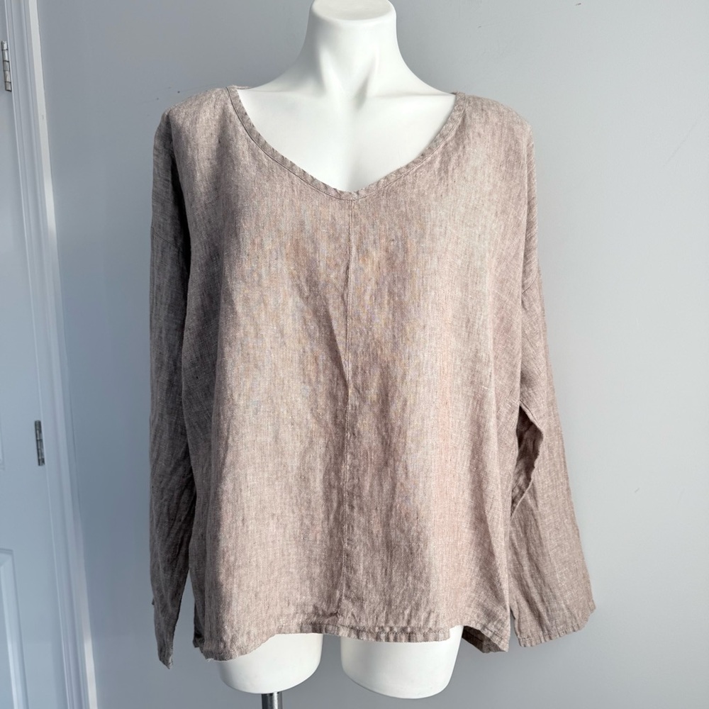 FLAX 100% Linen Oversized V-Neck Tunic Top L Lagenlook Bohemian Long Sleeves - Picture 4 of 14